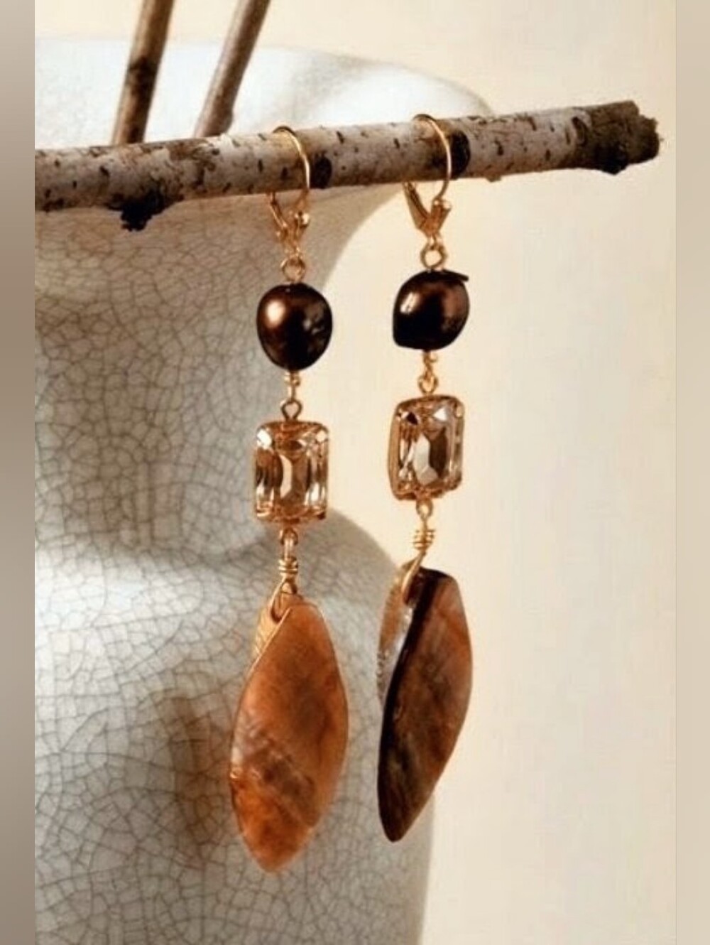 Champagne & Chocolate Crystal & Pearl W/ MOP In Long Artisan Handmade Earrings